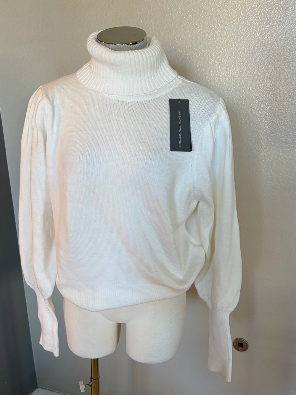 French Connection Ivory Turtleneck Sweater with Puff Sleeves